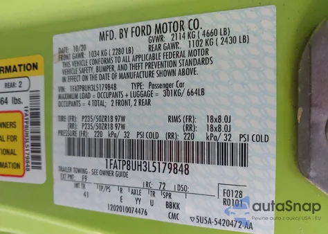 2020 Ford Mustang Ecoboost Premium from USA, damaged, VIN 1FATP8UH3L5179848